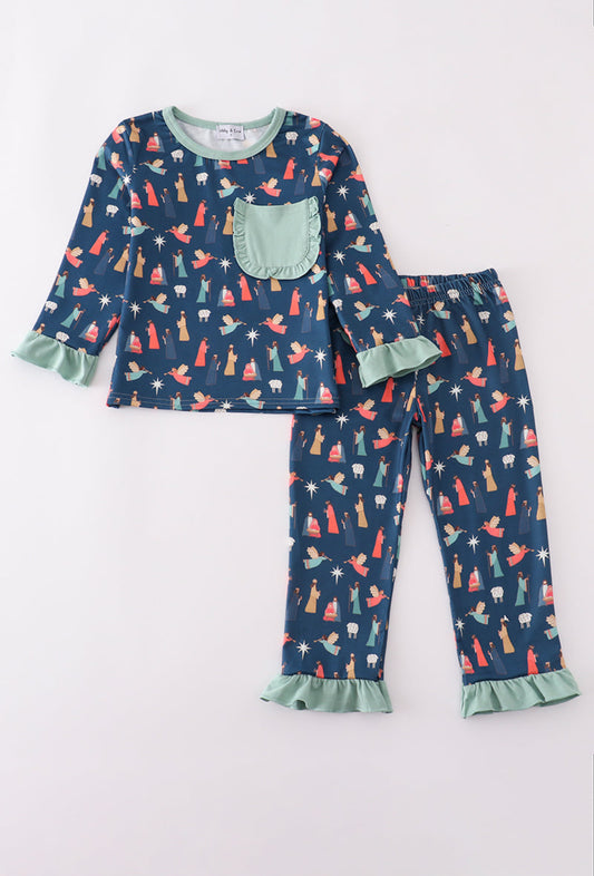 Navy Nativity Ruffle Pant Set